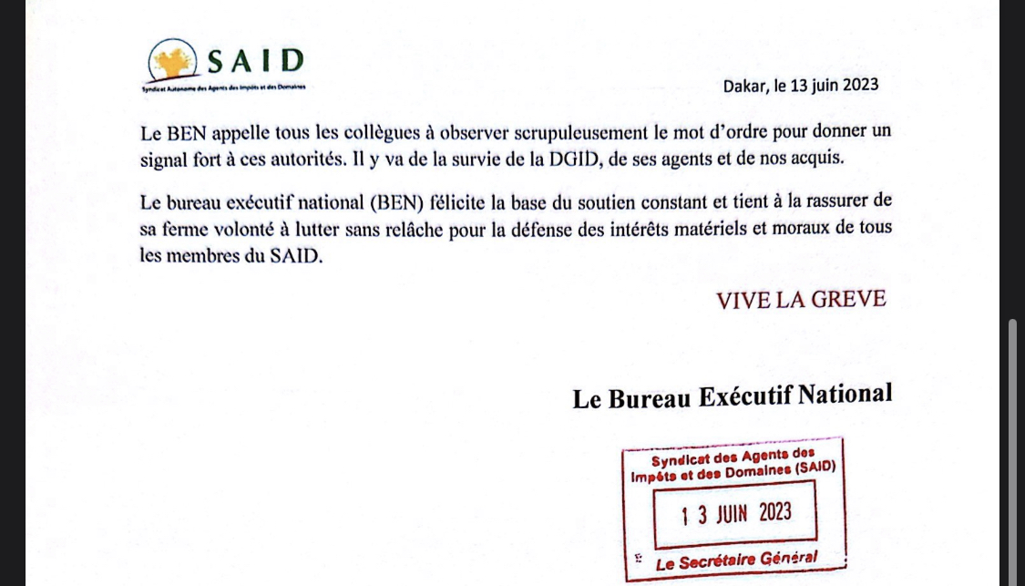 Grève totale à la DGID les 15 et 16 juin