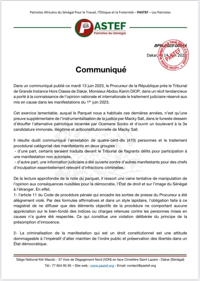 Personnes arrêtées lors des manifs de juin: le Pastef démonte le communiqué du parquet 