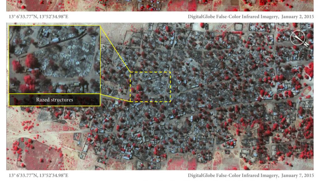 Ces deux photos satellite prises à cinq jours d'intervalle montrent que le village de Baga a été en partie rasé entre le 2 et le 7 janvier 2015. AFP PHOTO / DIGITALGLOBE / AMNESTY INTERNATIONAL