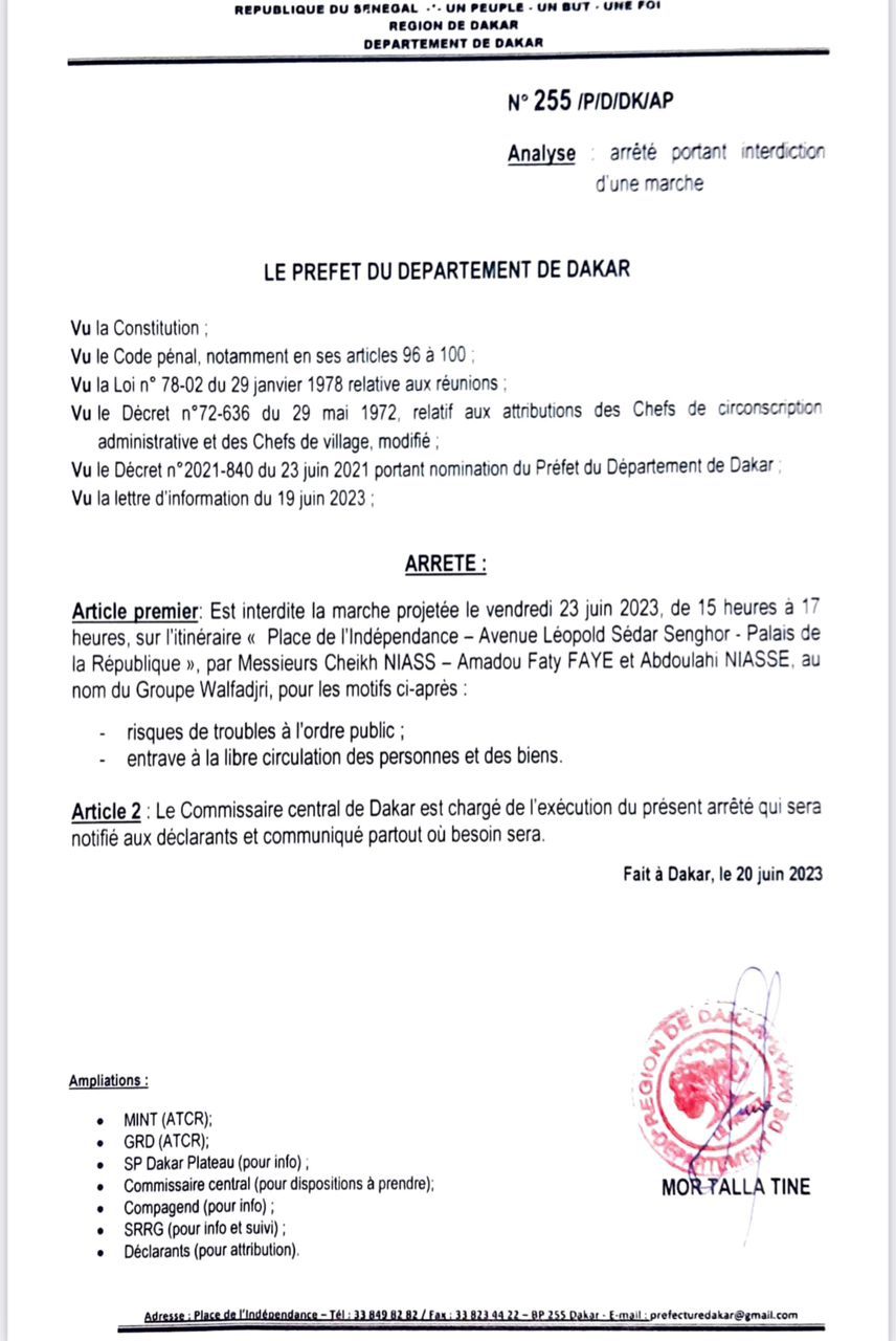 Dakar: le Préfet interdit tous les rassemblements de l’opposition prévus les 23 et 25 juin