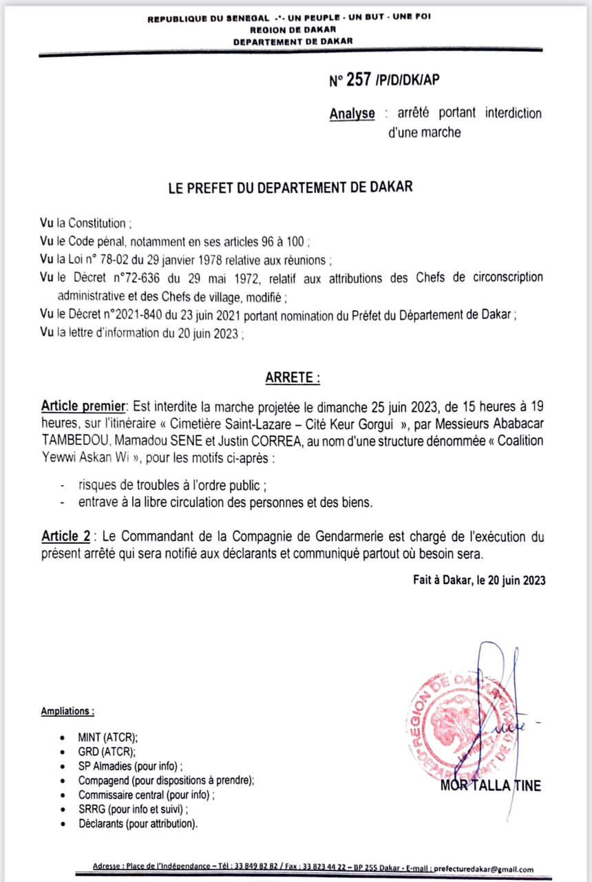 Dakar: le Préfet interdit tous les rassemblements de l’opposition prévus les 23 et 25 juin