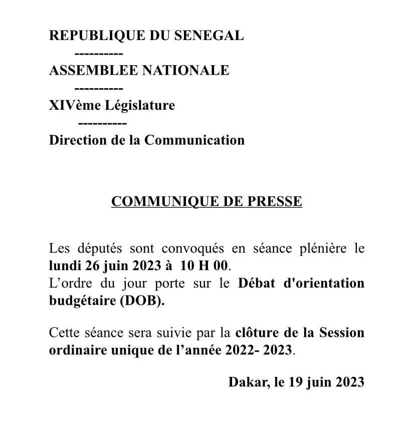 Les députés convoqués ce lundi 26 juin à l’Assemblée nationale