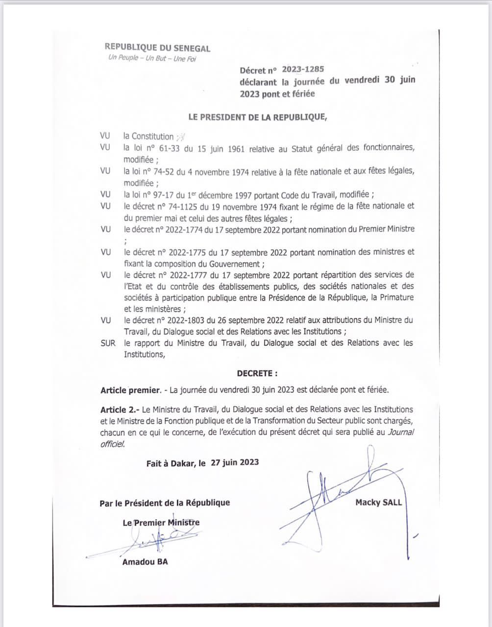 Le Président Macky Sall déclare le lendemain de la Tabaski pont et férié