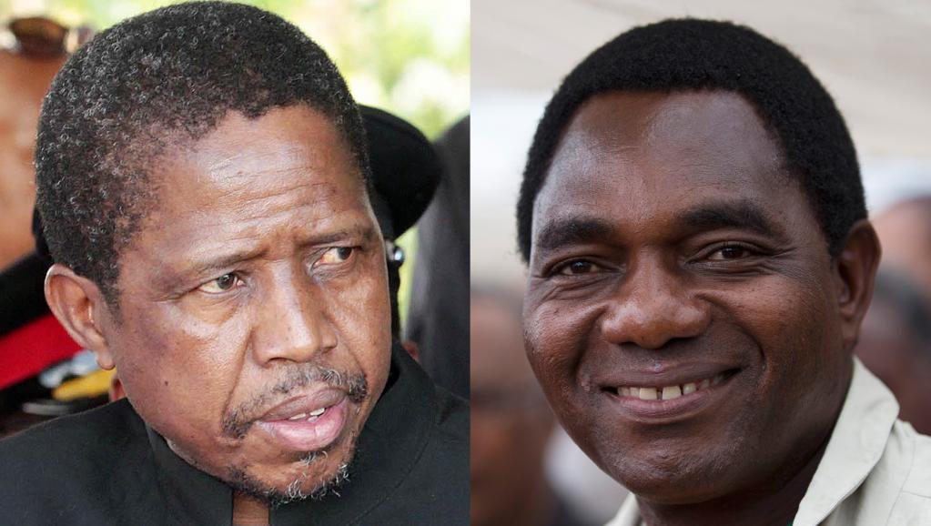 Les deux candidats à la présidence de la Zambie: le ministre de la Défense, Edgar Lungu (gauche) et le candidat de l’UPND, Hakainde Hichilema (droite).