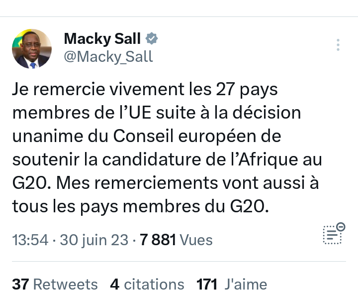 Soutien à la candidature de l'Afrique au G20: Macky remercie les 27 pays membres de l'UE