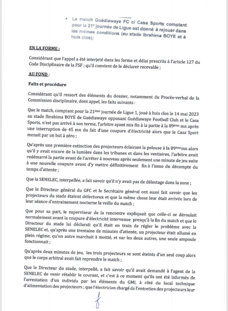 Ligue 1 : la Commission des Recours de la FSF déclare Casa Sports vainqueur devant Guédiawaye FC
