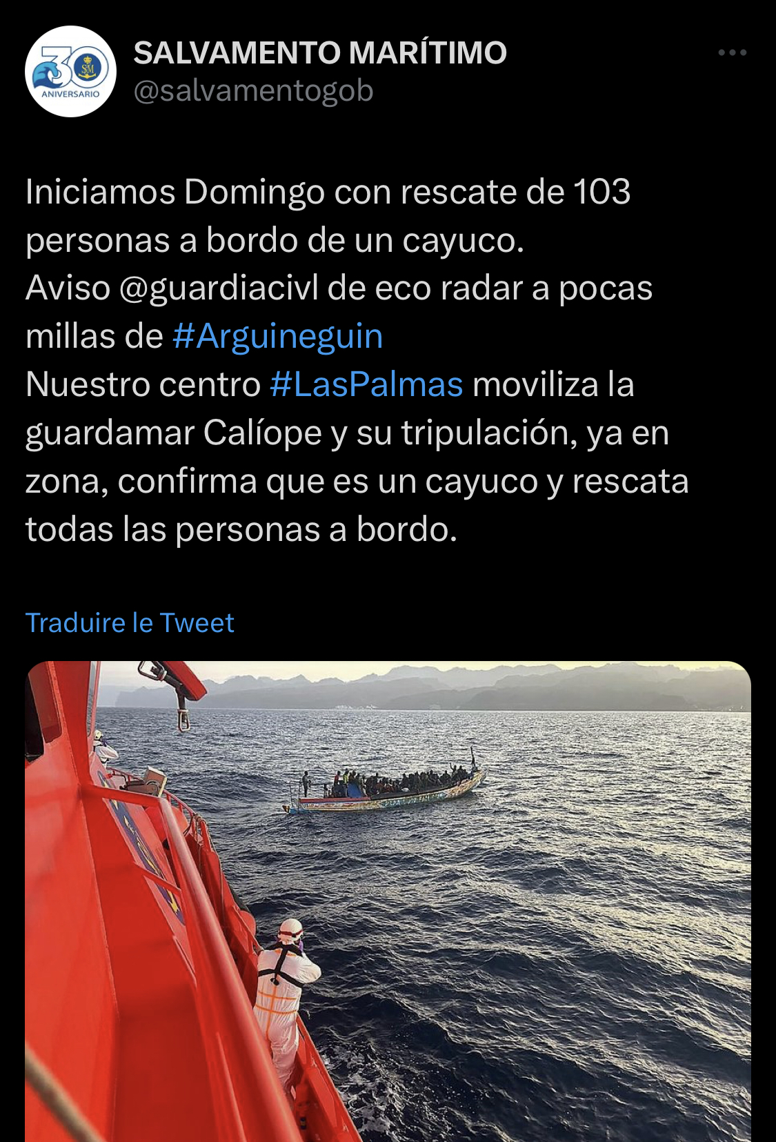 La Marine espagnole intercepte une nouvelle pirogue sénégalaise avec 103 personnes à bord