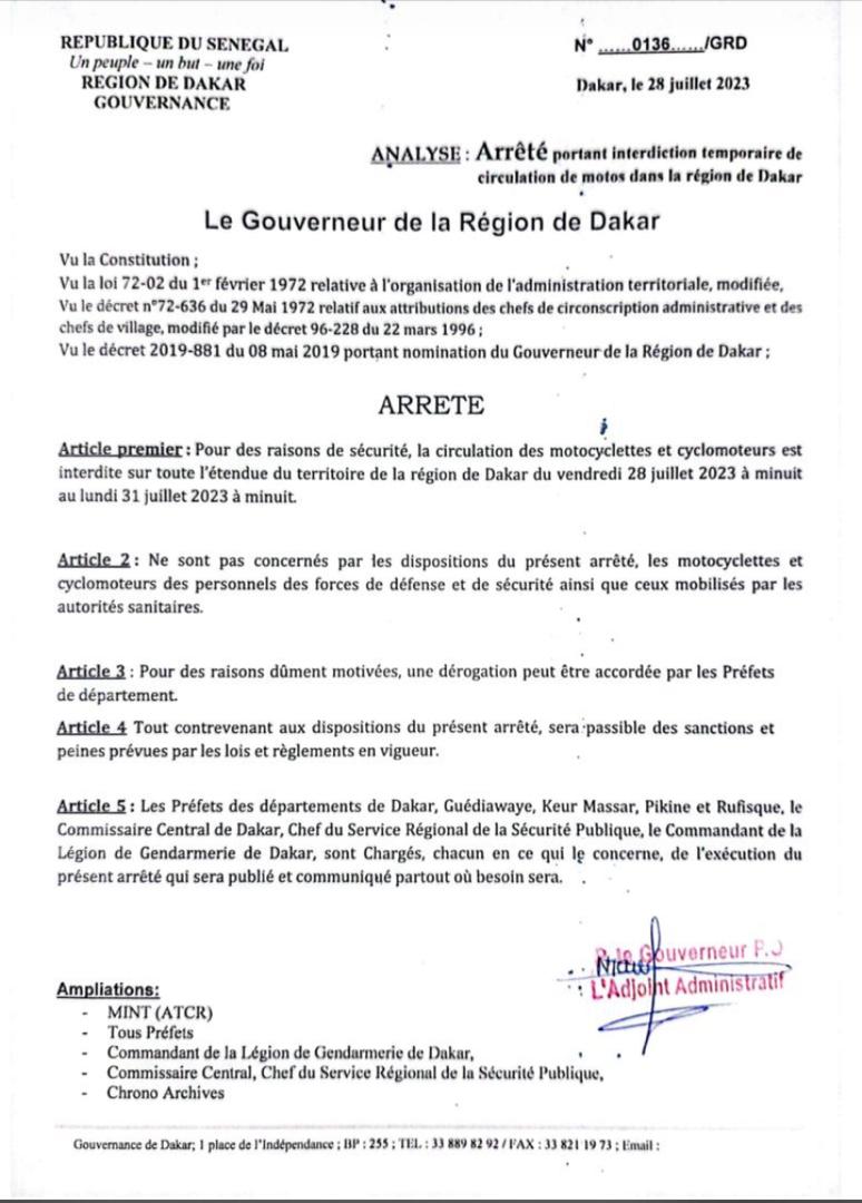 Dakar: la circulation des motocyclettes et cyclomoteurs interdite du vendredi au lundi à minuit