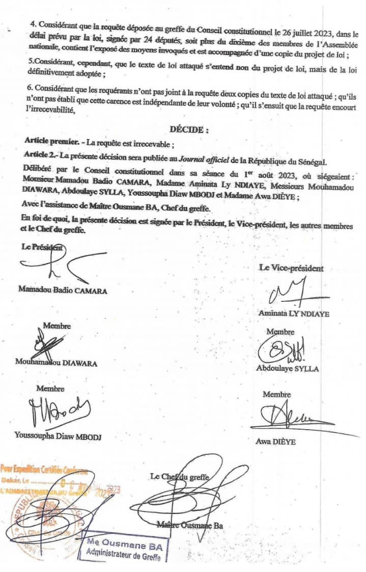 Modification de la loi 10/2023: le Conseil constitutionnel déclare irrecevable la requête de Biram Souley Diop et Cie