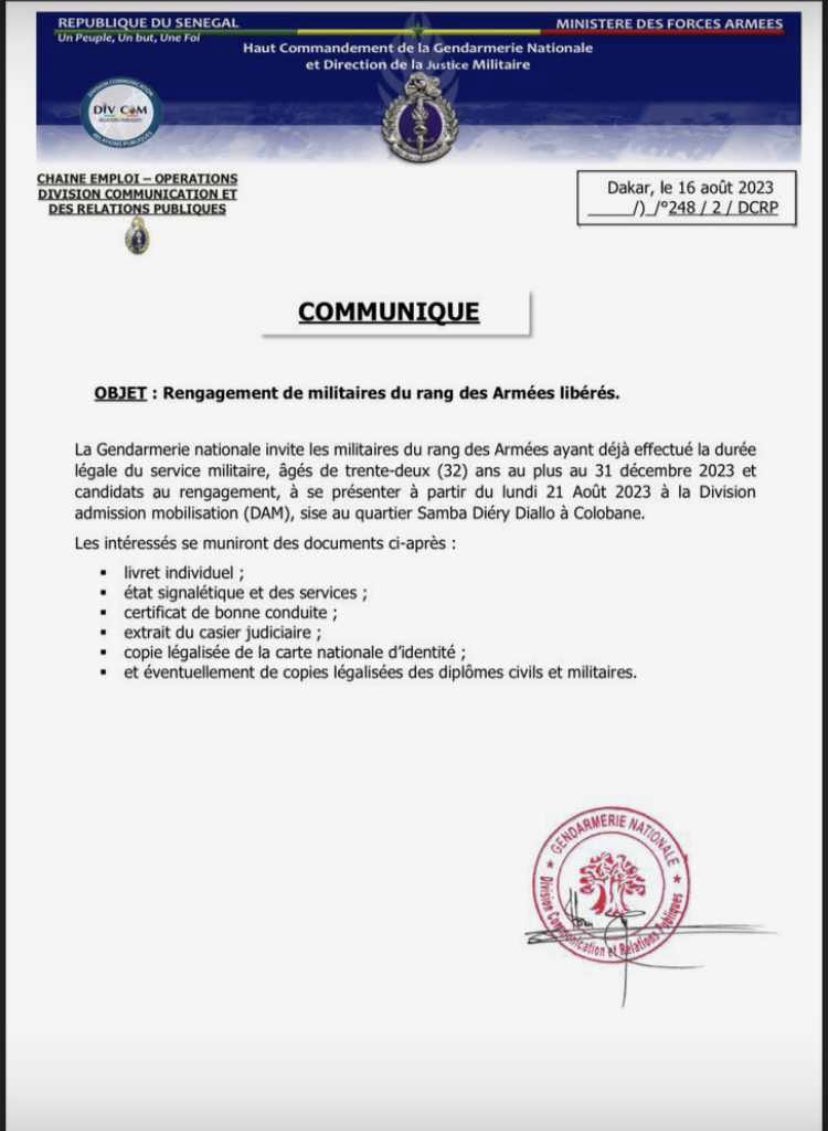Sénégal : les militaires du rang des armées libérés, rengagés ( Document) 