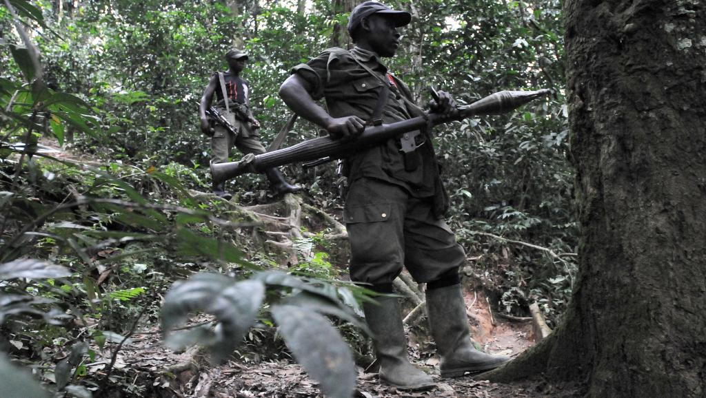 Des rebelles hutus rwandais des FLDR, en 2009, près de Pinga, à 150 km au nord-ouest de Goma. AFP PHOTO/ LIONEL HEALING
