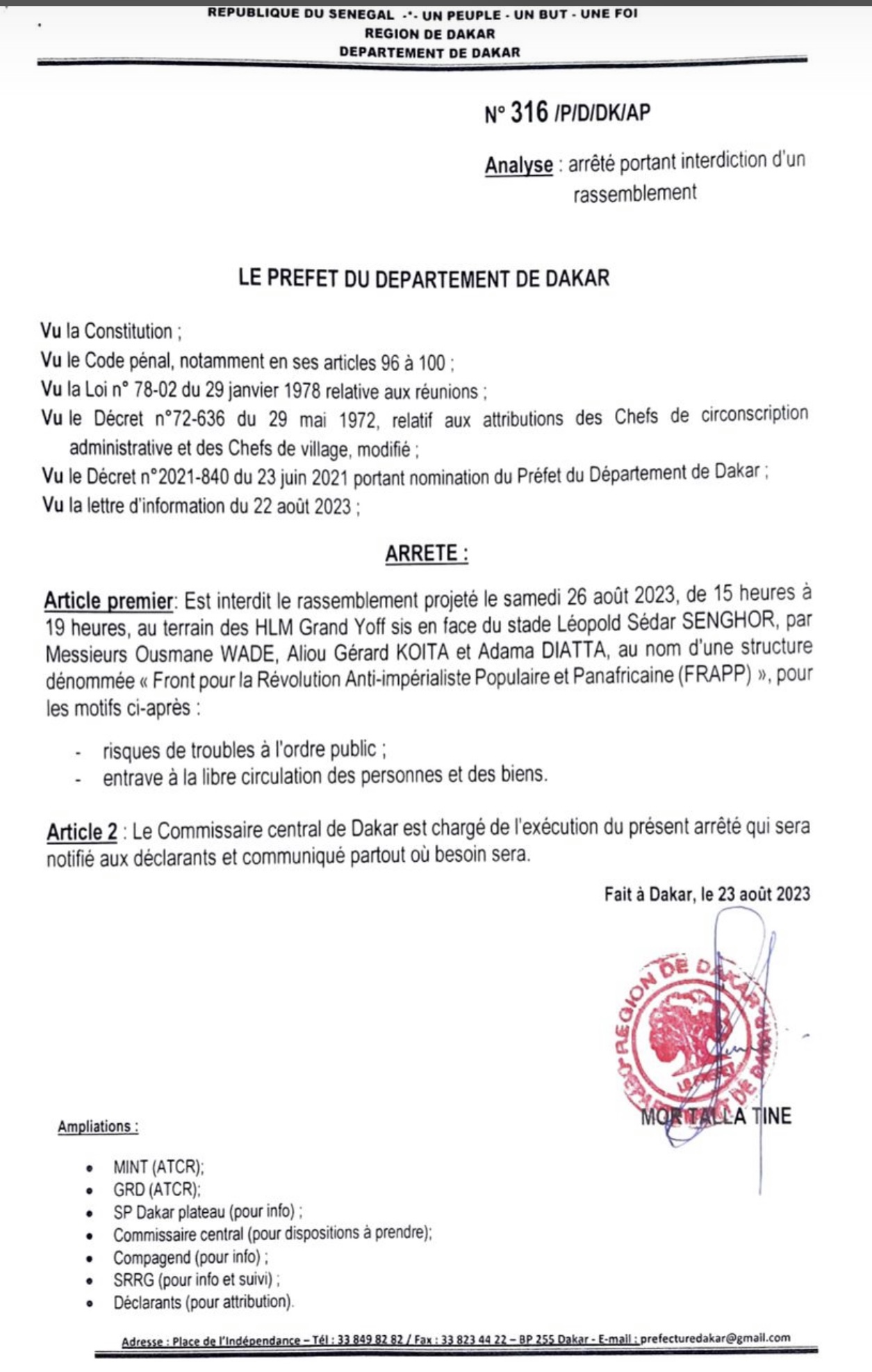 La manifestation du Frapp de ce week-end interdite par le Préfet (Document)