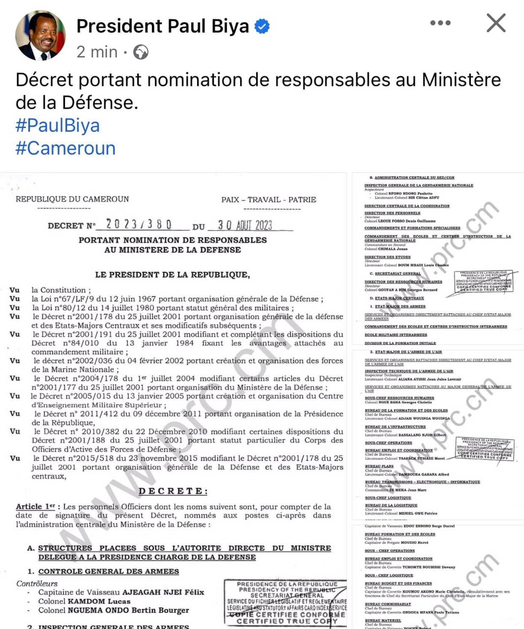 Cameroun : Paul Biya renforce sa sécurité après le coup d’Etat au Gabon ( Document)