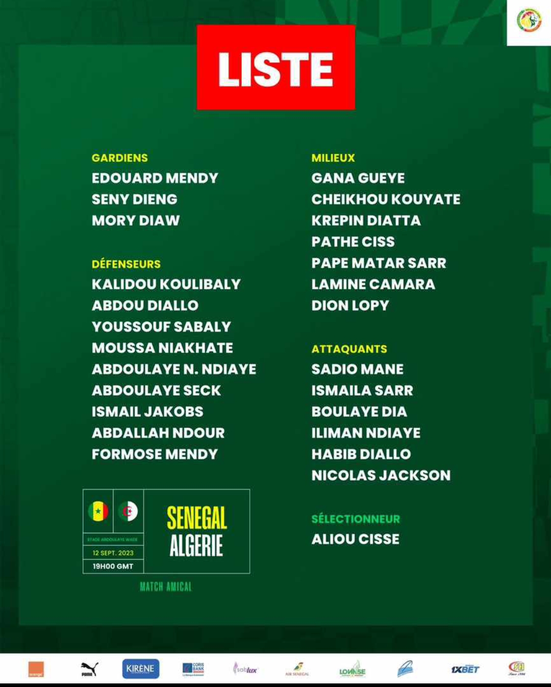 Amical contre Algérie : Aliou Cissé convoque 25 joueurs 