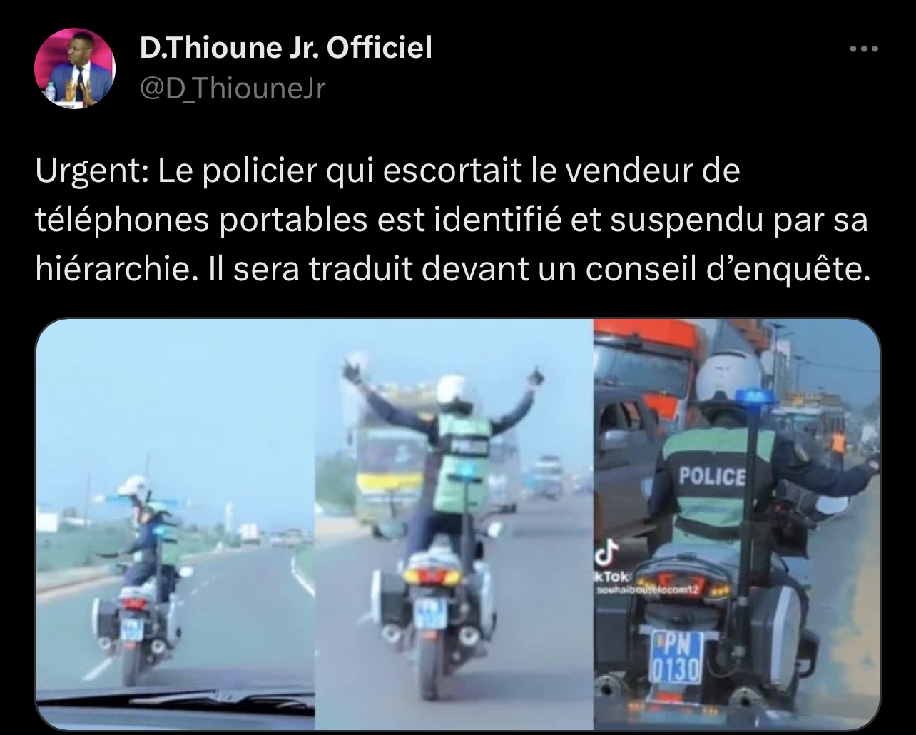 Dakar-Touba : le policier qui escortait un vendeur de téléphone portable identifié et suspendu