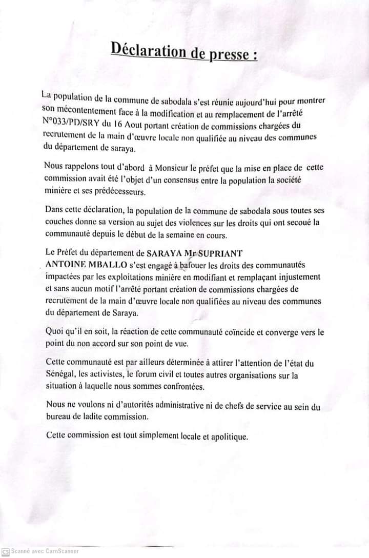 Kedougou 2 morts à Khossanto: L’arrêté du préfet à l’origine des violentes manifestations