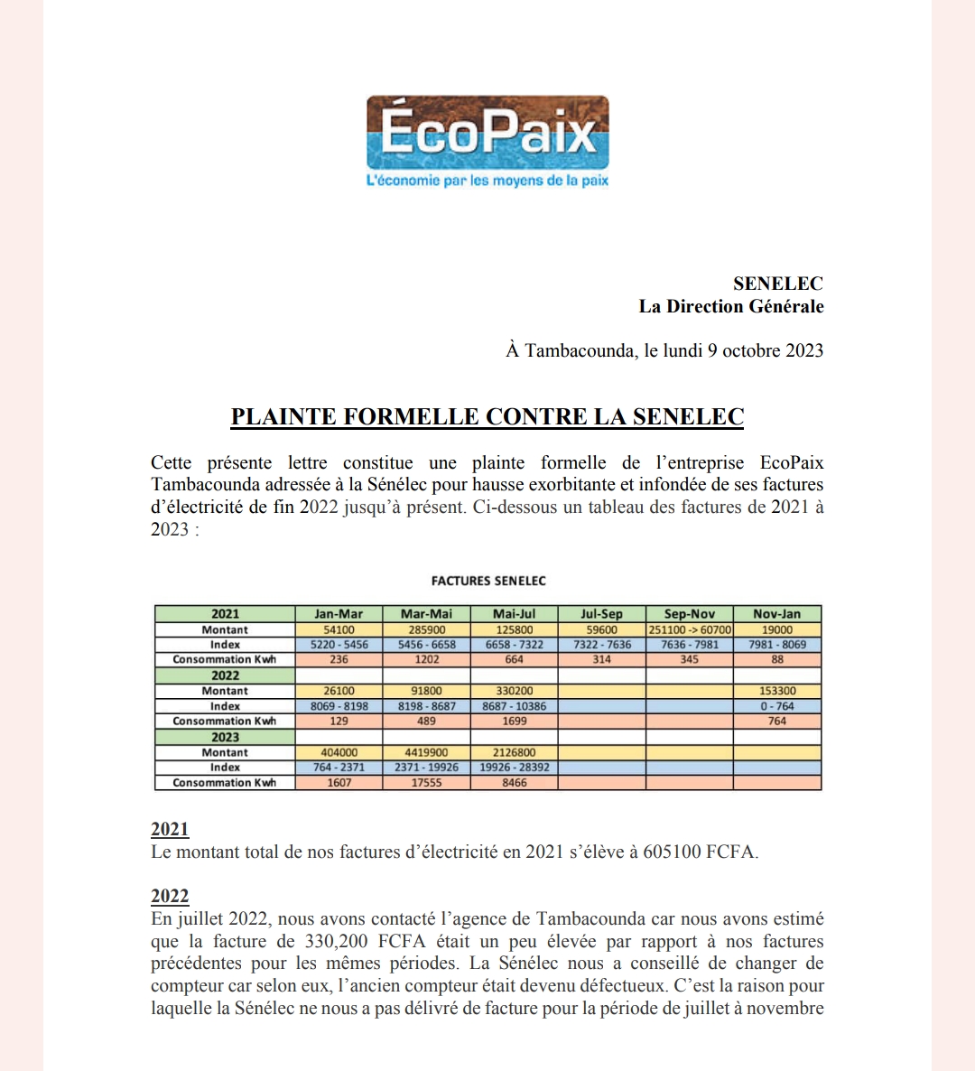 Hausse facture à Tamba: une entreprise qui œuvre dans le social dépose une plainte contre la Senelec (documents)