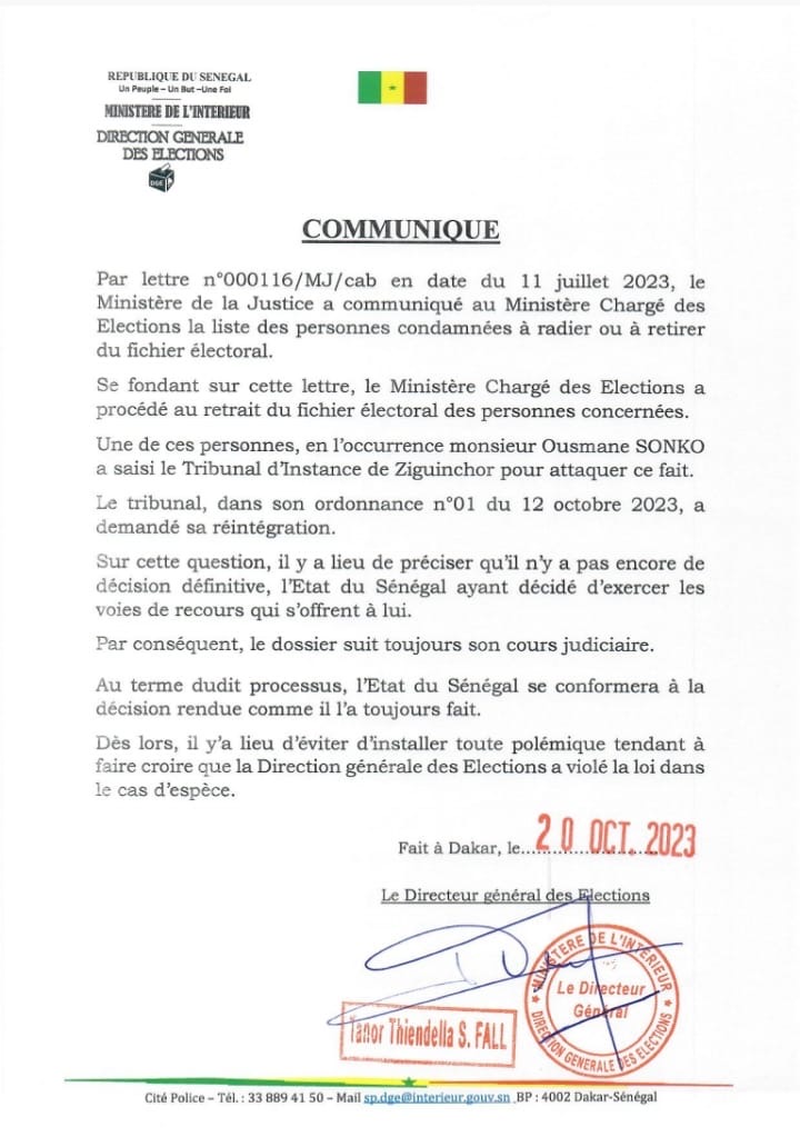 Refus de donner les fiches de parrainages à Sonko: le DGE dit attendre l’issue du recours de l’Etat devant la Cour suprême