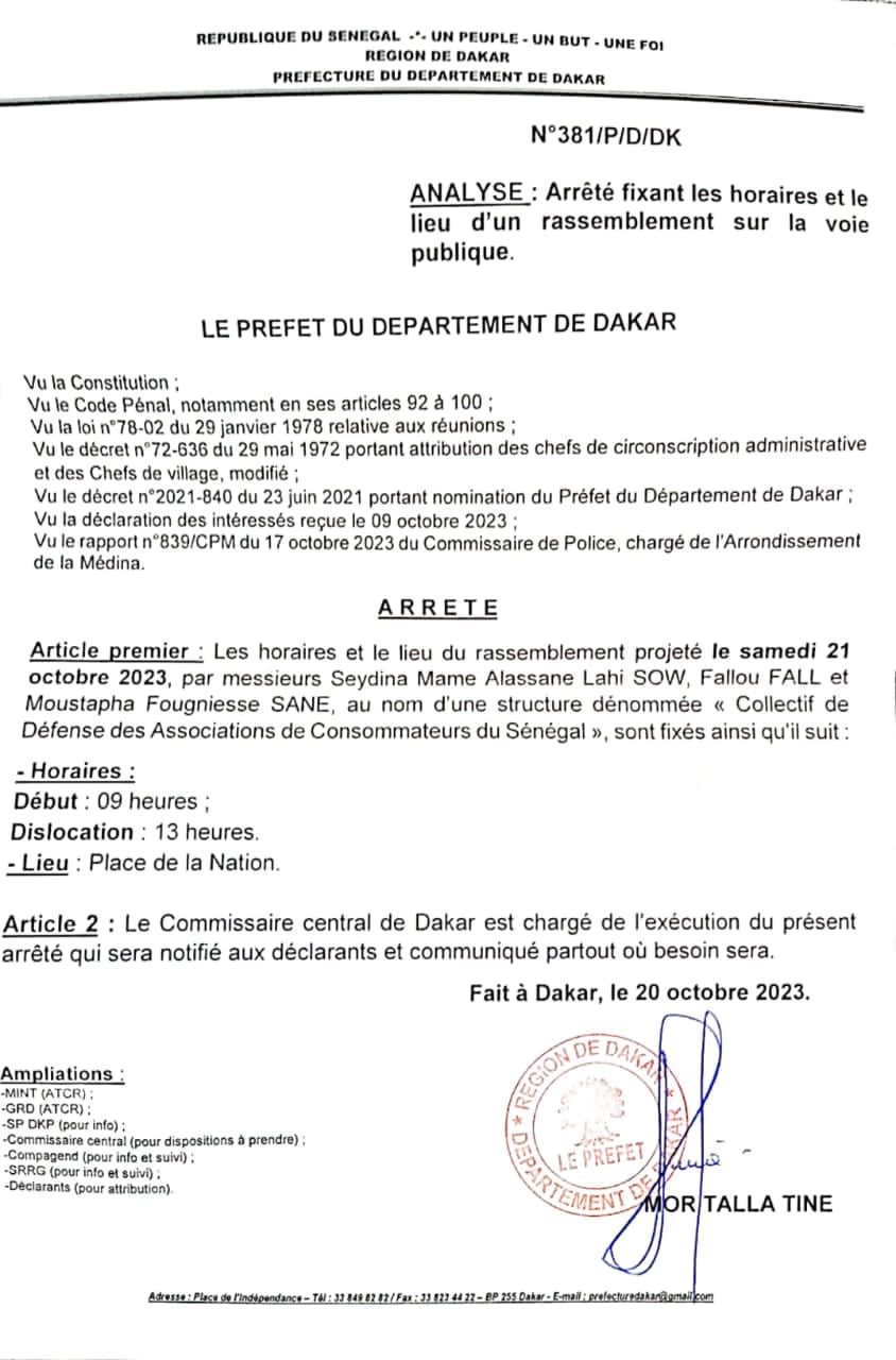 Le Rassemblement contre la hausse des prix de samedi « autorisé » par le Préfet de Dakar