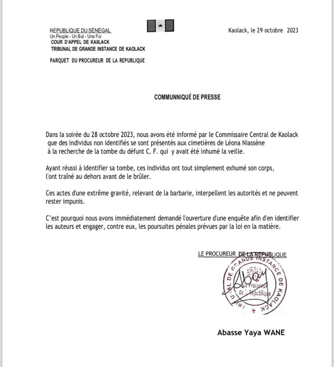 Profanation du corps d’un homosexuel présumé à Kaolack: le procureur de la République annonce l’ouverture d’une enquête et la traque des auteurs