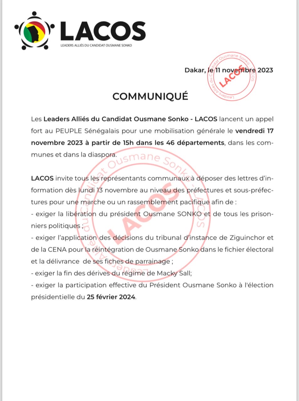 Les Leaders Alliés du Candidat Ousmane Sonko appellent à une mobilisation générale le 17 Novembre 2023