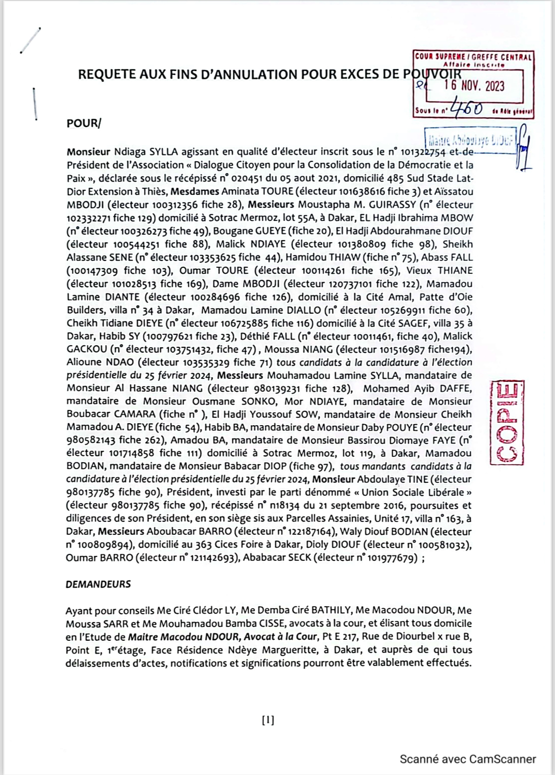 Le recours en annulation du décret portant nomination des nouveaux membres de la CENA déposé ce jeudi à la Cour suprême (Document)