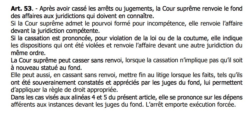 Les dispositions la loi organique qui expliquent pourquoi la Cour suprême a renvoyé le dossier devant une autre juridiction