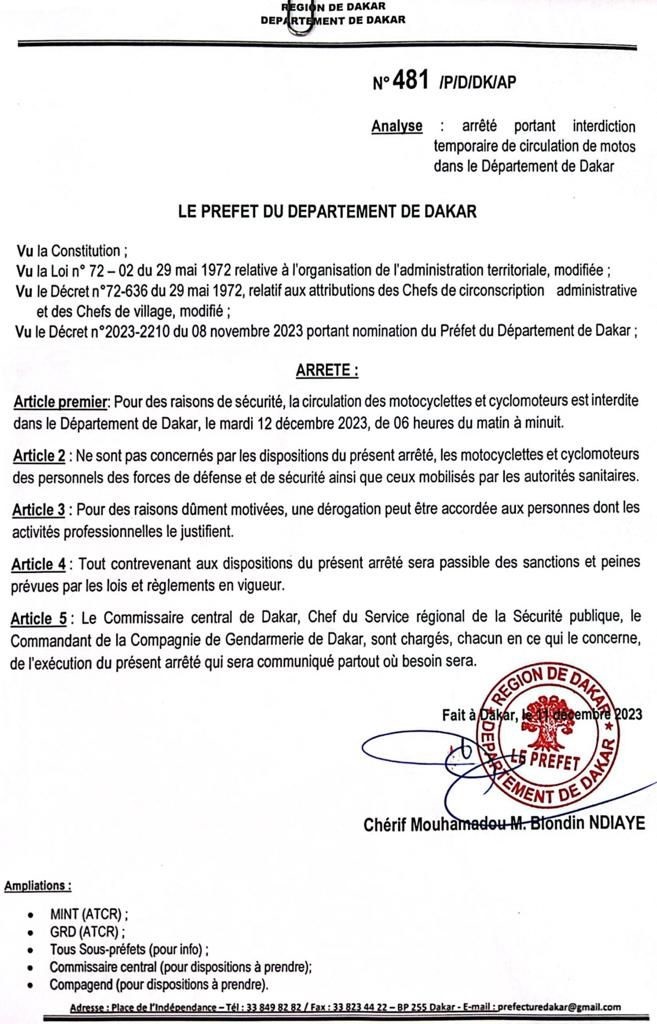 Le préfet de Dakar interdit temporairement la circulation de motos ce mardi