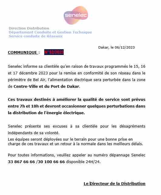 La Senelec annonce des perturbations dans le centre-ville de Dakar pour 72 heures