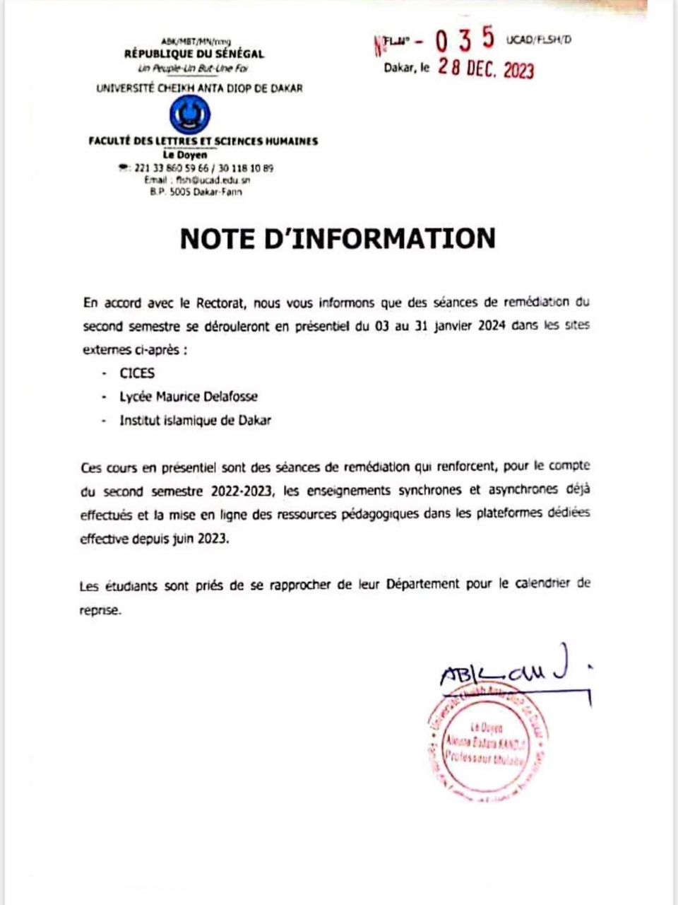 Faculté des Lettres de l’Ucad : des séances de remédiation du second semestres prévues dans plusieurs sites à partir du 3 janvier