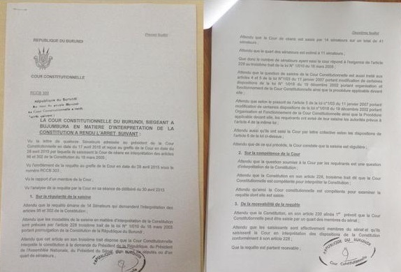 Urgent – Burundi: La Cour constitutionnelle pour une nouvelle candidature de Nkurunziza (Document)
