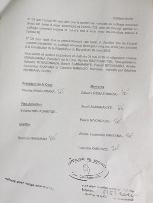 Urgent – Burundi: La Cour constitutionnelle pour une nouvelle candidature de Nkurunziza (Document)