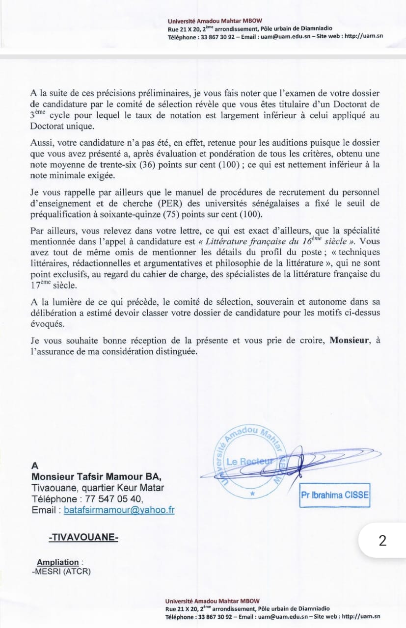  La réponse du recteur de l’université Amadou Mahtar Mbow à la lettre ouverte du Dr Tafsir Mamour BA