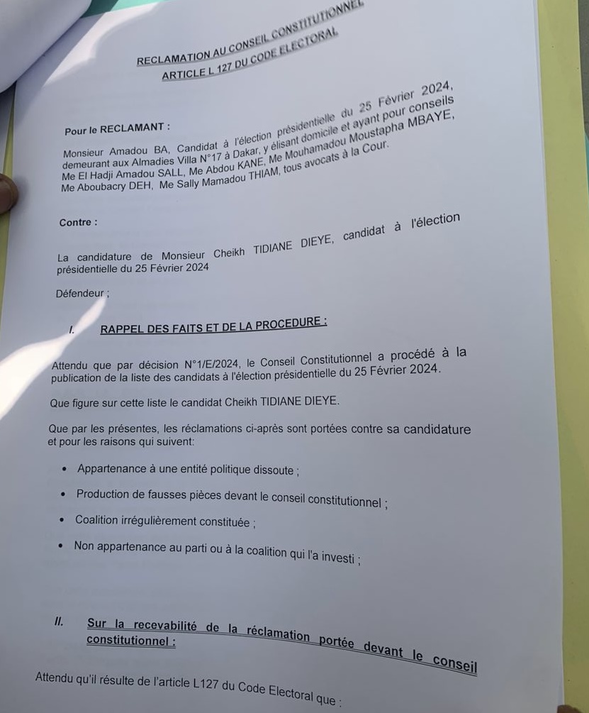 On connaît les candidats contre lesquels Amadou Ba a déposé des recours au Conseil constitutionnel