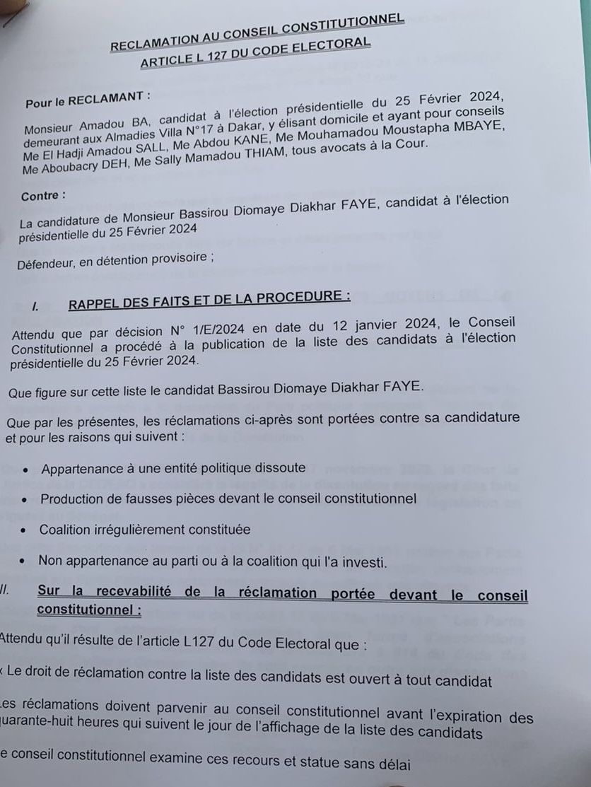 On connaît les candidats contre lesquels Amadou Ba a déposé des recours au Conseil constitutionnel