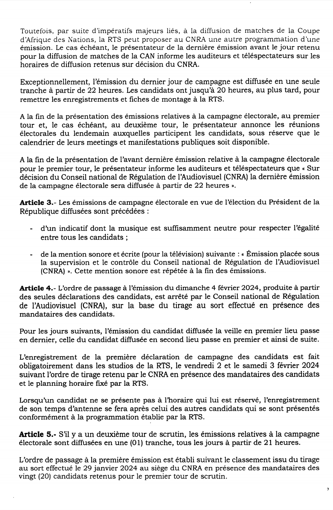 Temps d'antenne des candidats: le CNRA publie la décision fixant le nombre, la durée, les horaires ainsi que les modalités