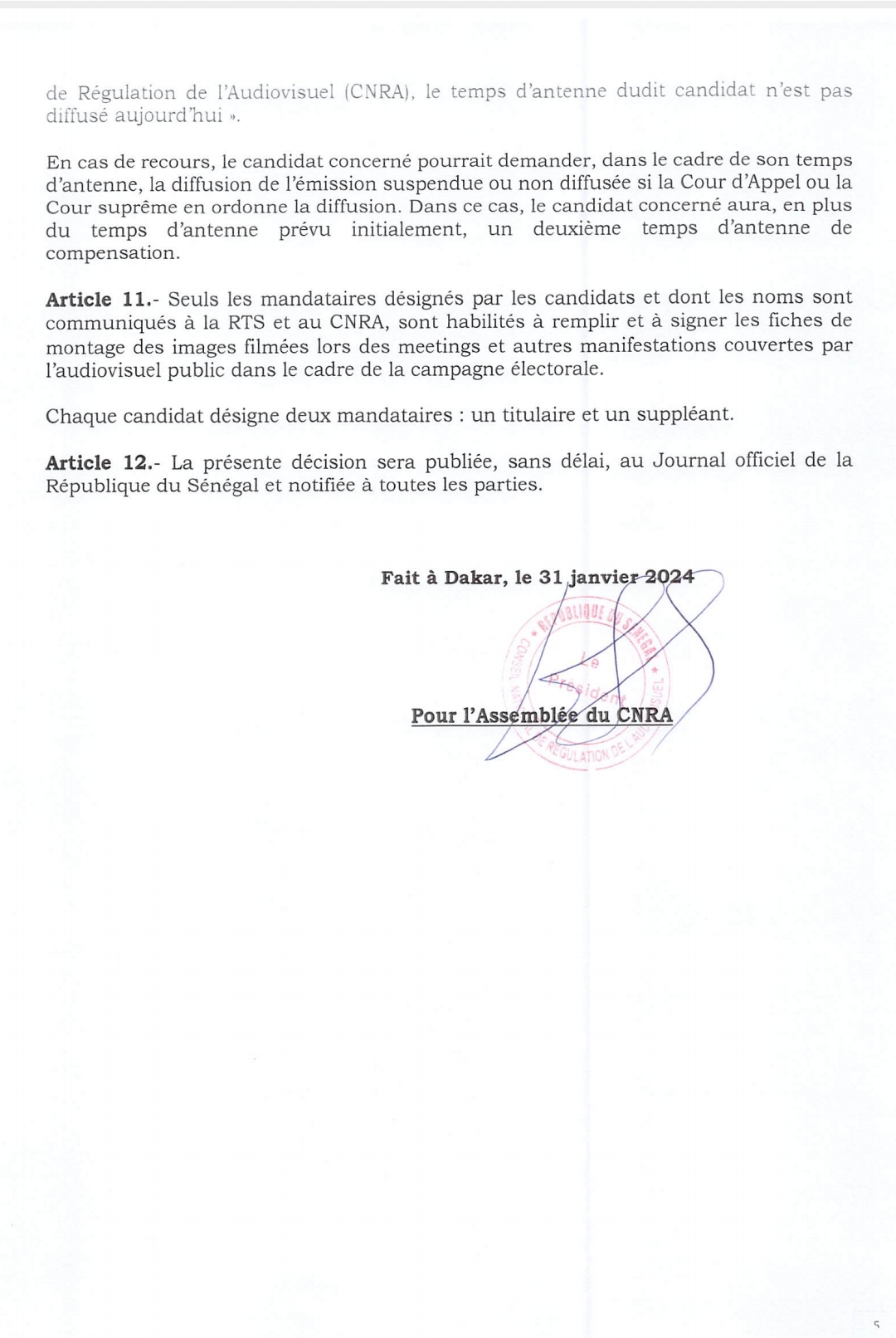 Temps d'antenne des candidats: le CNRA publie la décision fixant le nombre, la durée, les horaires ainsi que les modalités