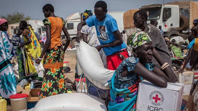 Distribution d'aide humanitaire au Soudan du Sud.
