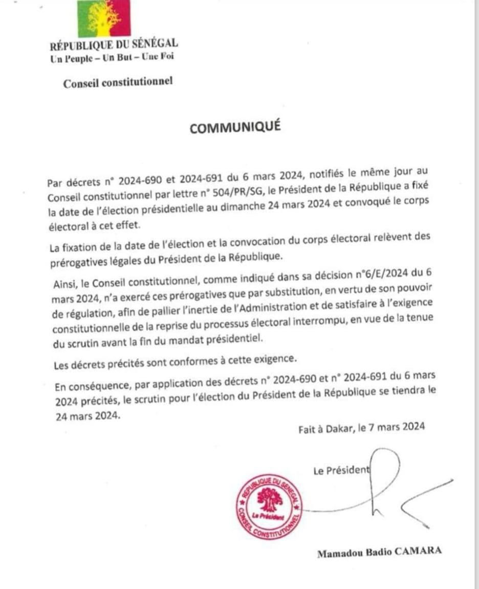 Election le 24 mars - le Conseil constitutionnel se conforme à la date du Président Macky Sall (Document) 