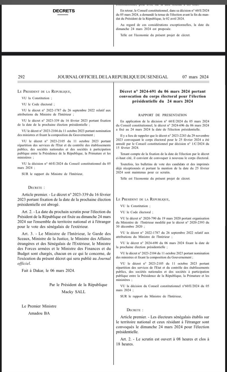 Le décret fixant l'élection présidentielle le 24 mars publié dans le journal officiel (Documents)