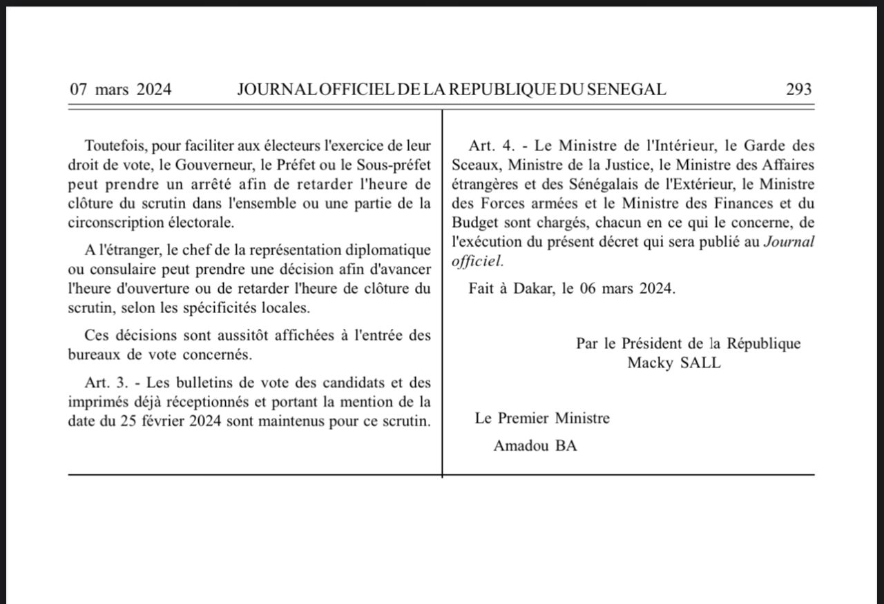 Le décret fixant l'élection présidentielle le 24 mars publié dans le journal officiel (Documents)