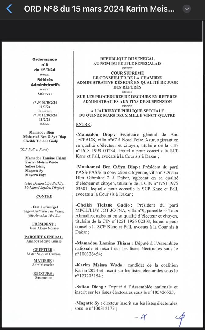 Voici la décision de la Cour suprême rendant irrecevable les requêtes du Pds ( Documents)