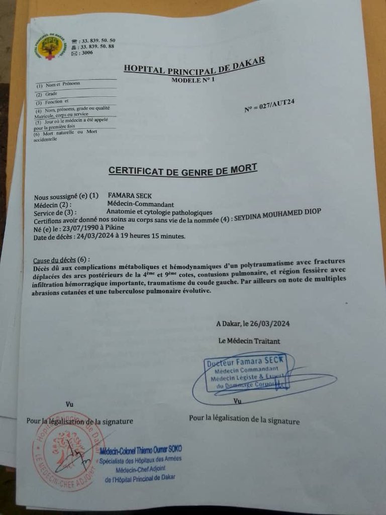 Mort de Mouhamed Diop á Pikine : les résultats de l'autopsie dévoilés ( Document)