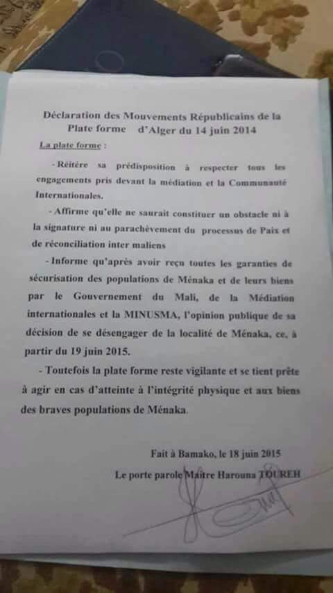 La plate forme décide de quitter la ville de Ménaka (officiel)
