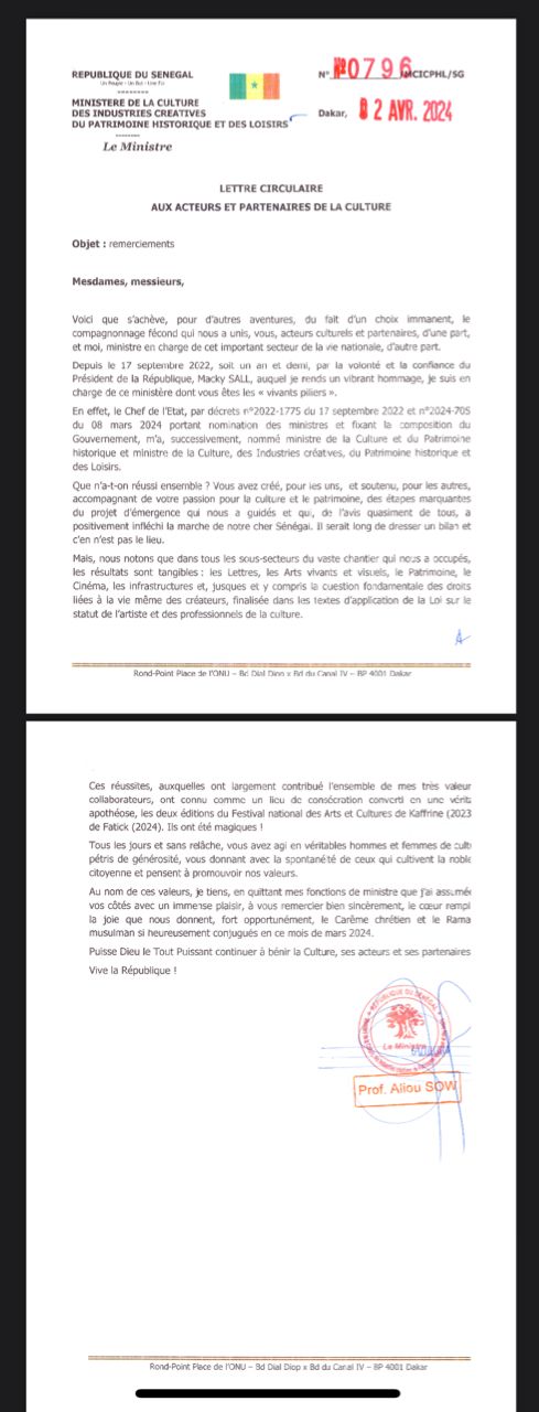 Fin de mandat de Macky Sall : son ministre de la Culture remercie ses acteurs et dresse son bilan (Document) 