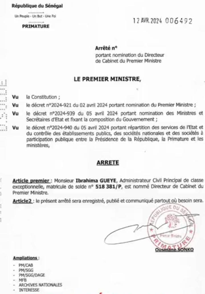 Primature : Ibrahima Guèye nommé directeur de cabinet