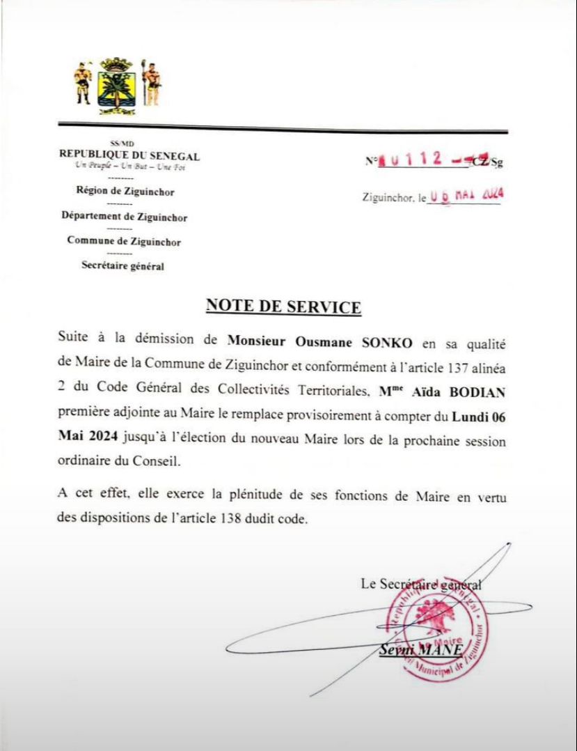 Mairie de Ziguinchor : Mme Aida Bodian remplace Ousmane Sonko (document)