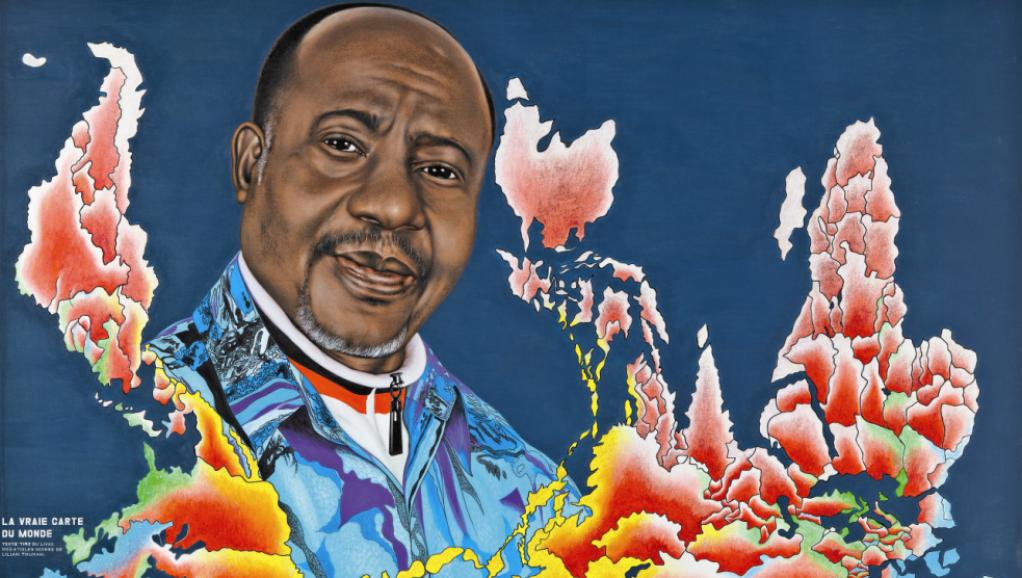 Chéri Samba, «La vraie carte du monde», 2011 Acrylique et paillettes sur toile, 200 x 300 cm Collection Fondation Cartier pour l'art contemporain, Paris. © Florian Kleinefenn © Chéri Samba