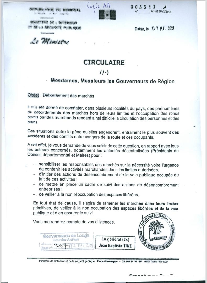 Vagues de déguerpissements : Voici la circulaire du ministère de l'Intérieur ordonnant les opérations ( Document)
