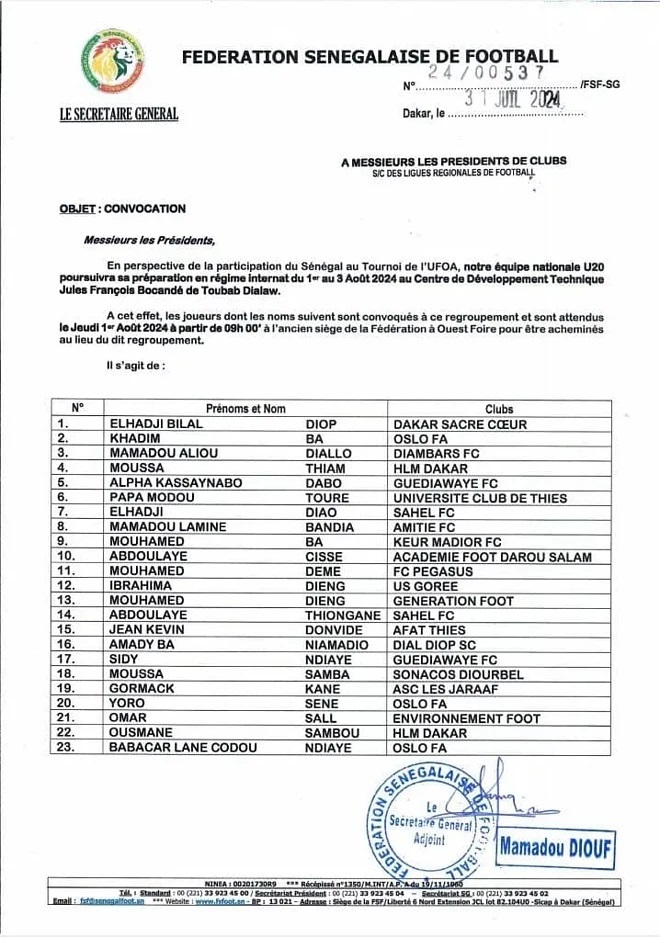 Tournoi UFOA - U20 : Serigne Saliou Dia dévoile une nouvelle liste de 23 joueurs